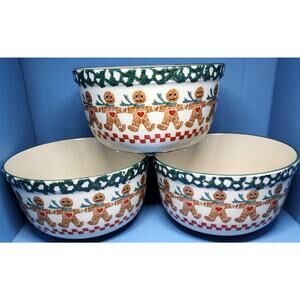 3 Tienshan Folk Craft Gingerbread Deep Soup / Cereal Bowls Christmas Holiday VTG